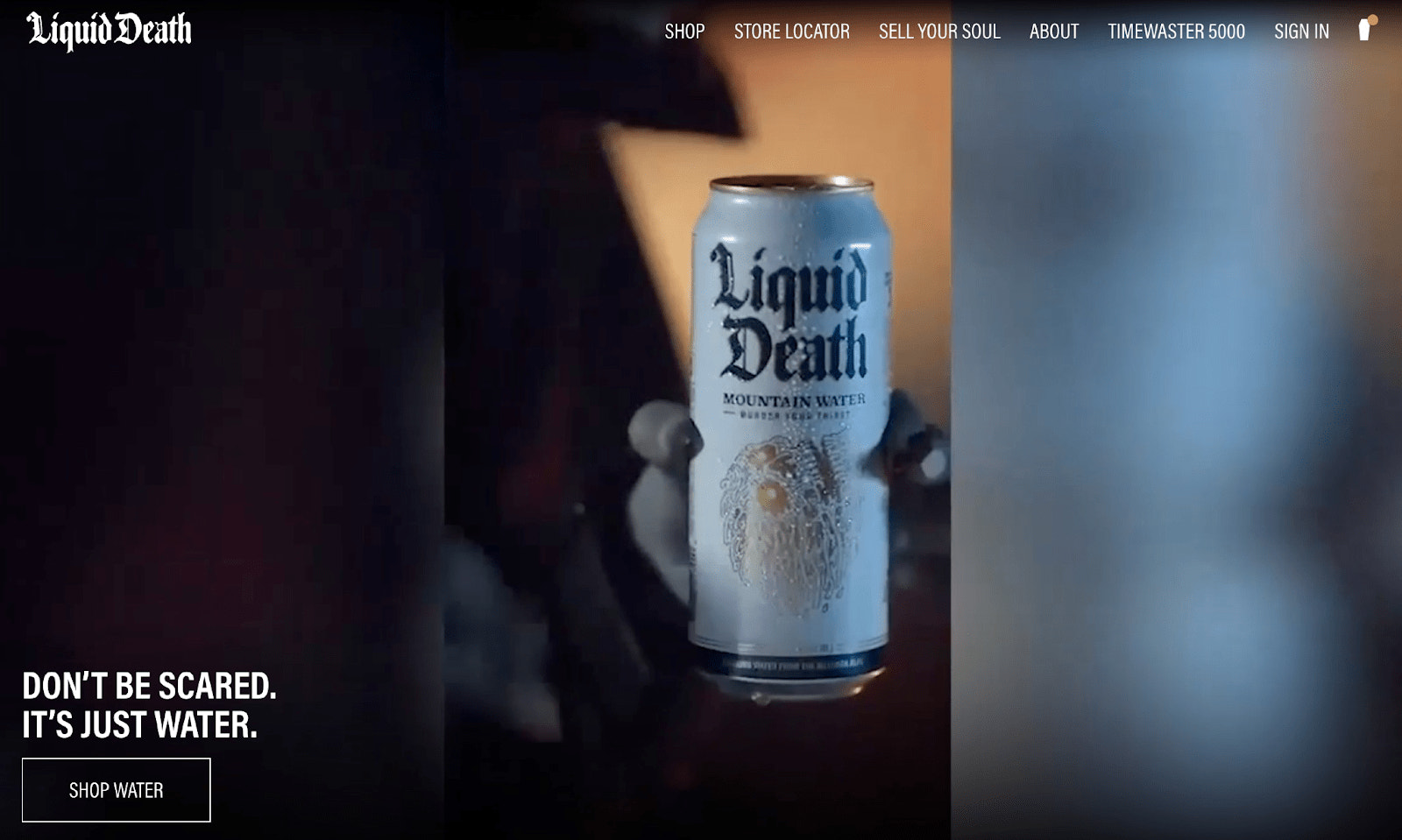 Screenshot of the Liquid Death website showing off their water in a punk rock aluminum can.