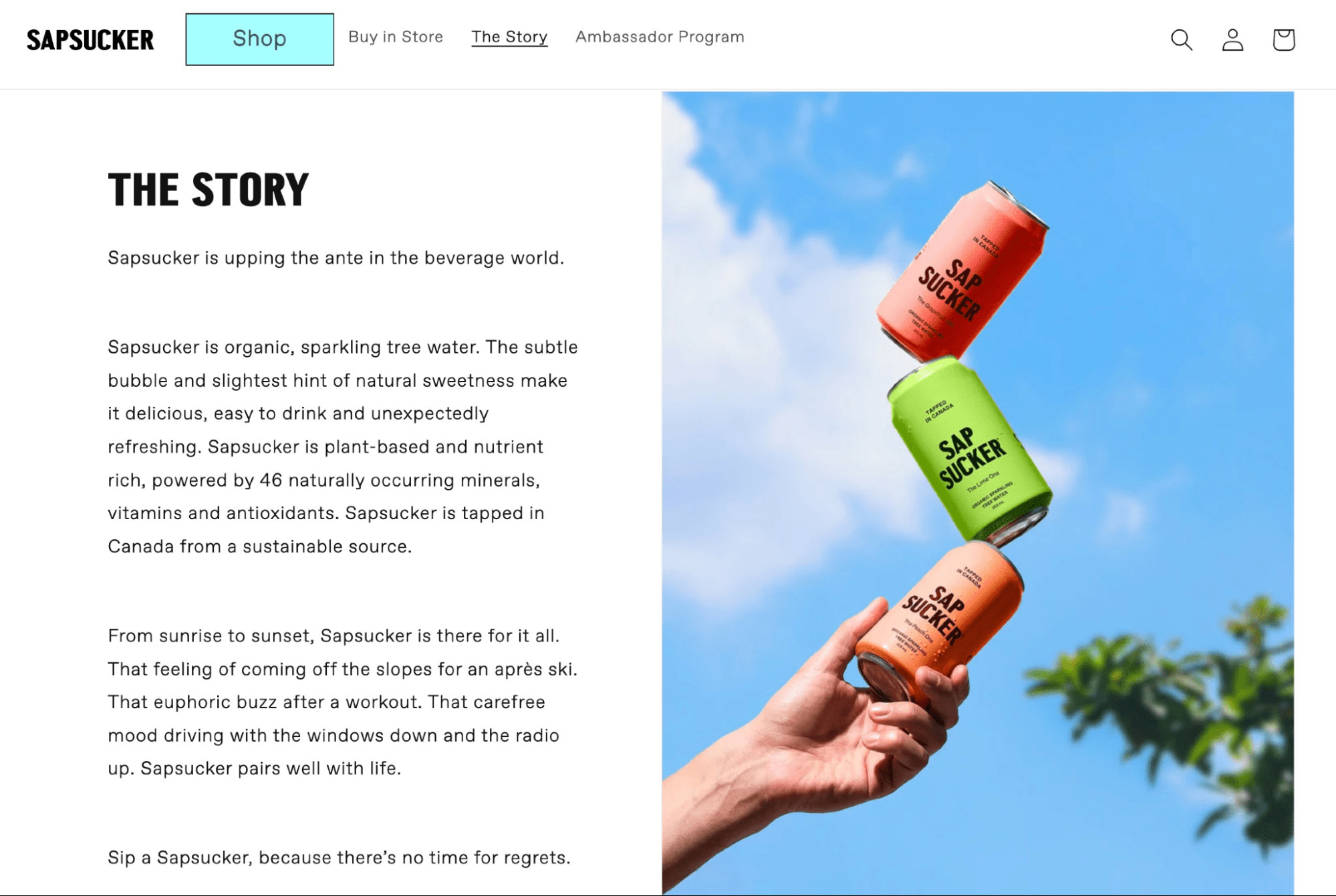A screenshot of Sapsucker's about page, which shows its simple coloring scheme for identifying flavors, and shares the defines the company's uniquely Canadian approach to sparkling water