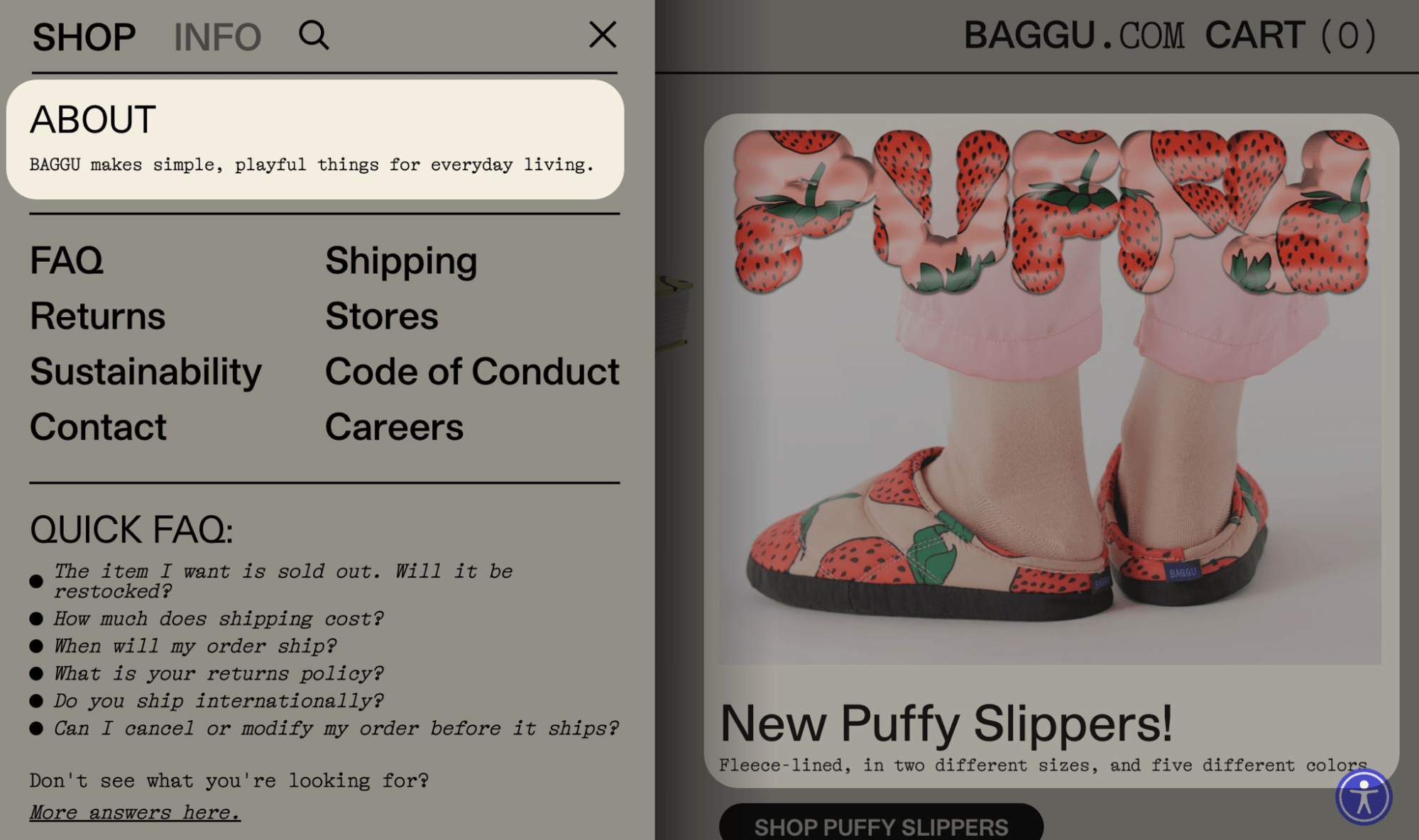 Screenshot of BAGGU website highlighting the About copy on the homepage with the aforementioned messaging.