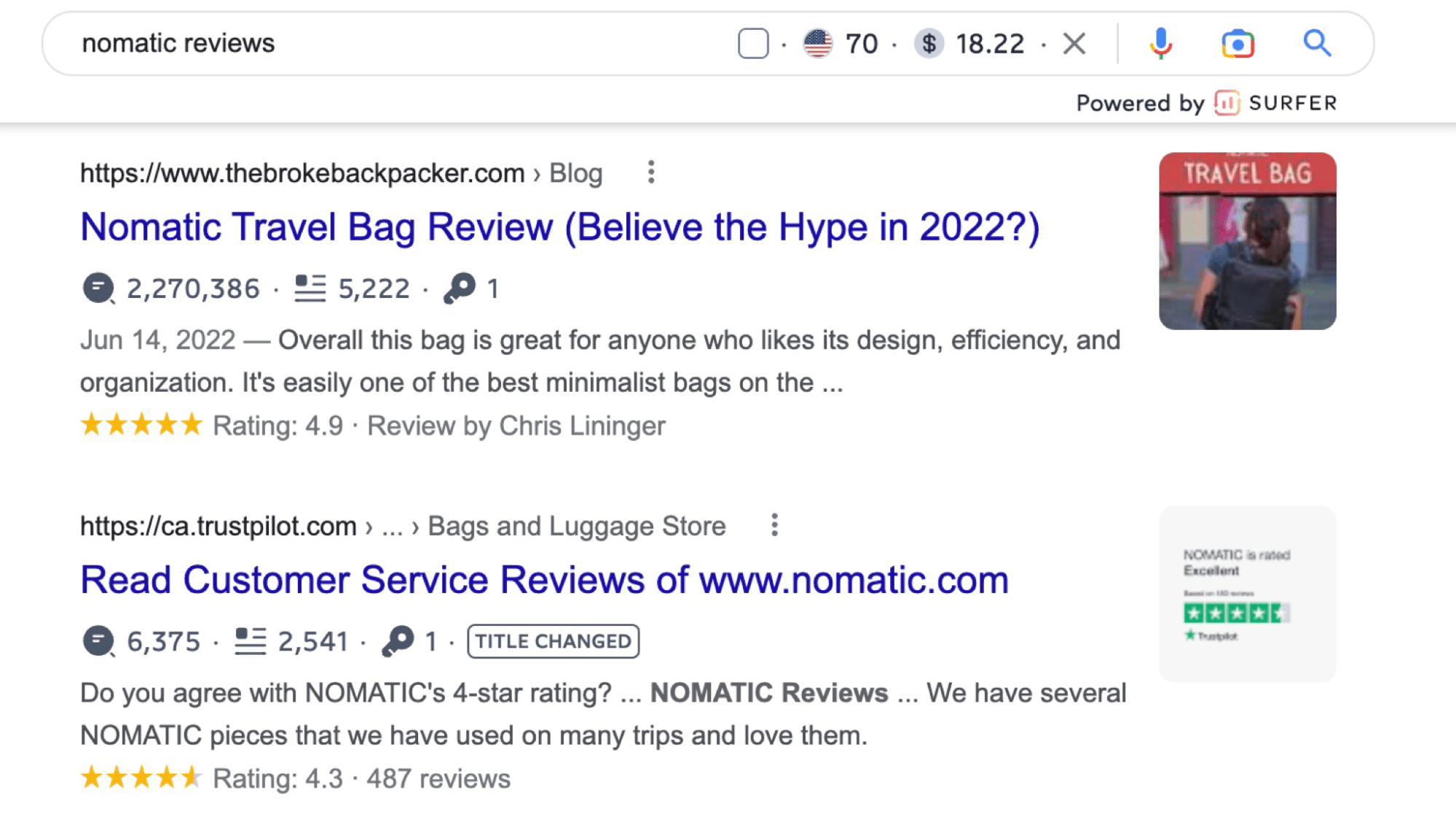 A screenshot of Nomatic's Trust Pilot reviews in Google search results. 