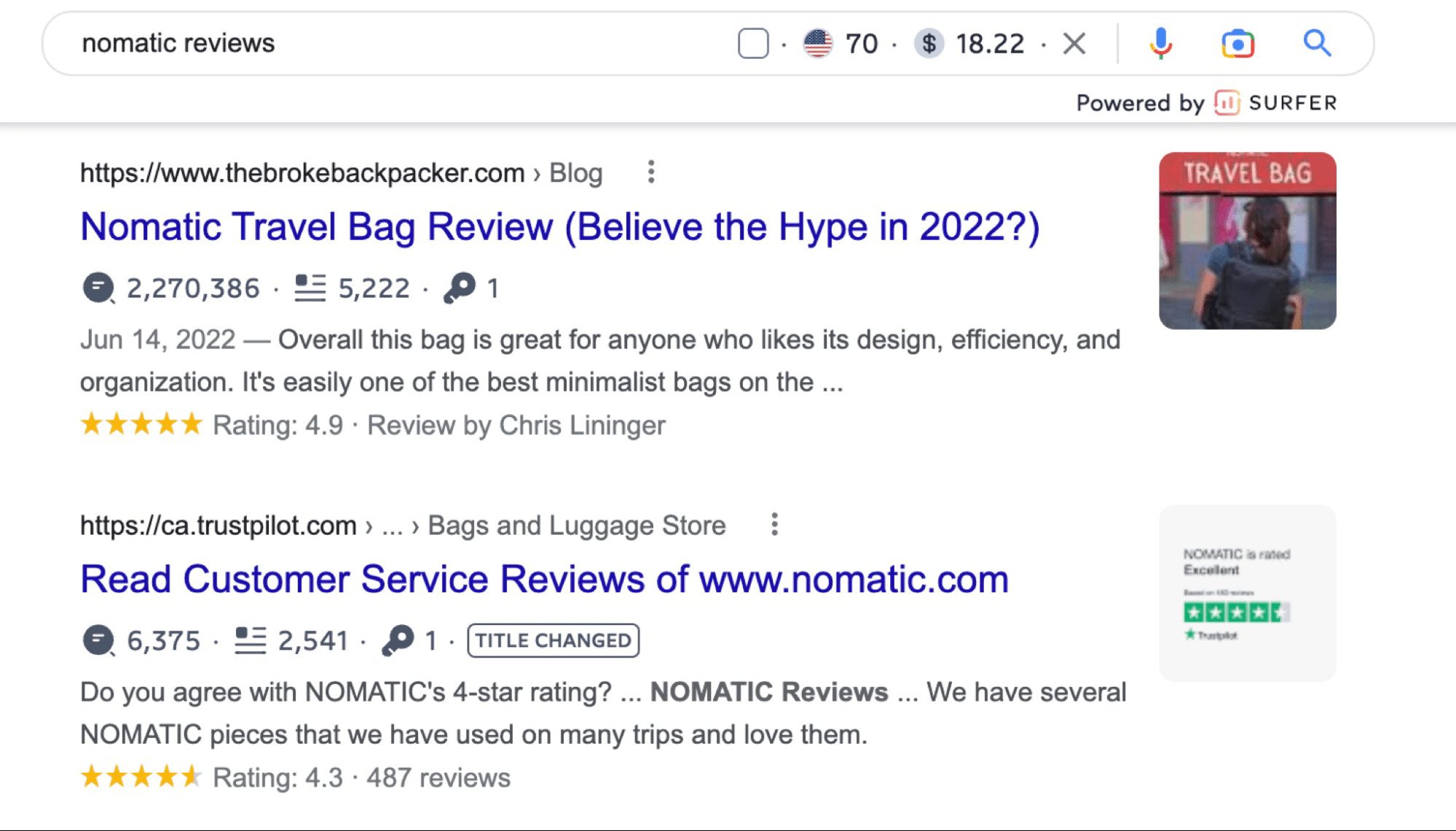 A screenshot of Nomatic's Trust Pilot reviews in Google search results.