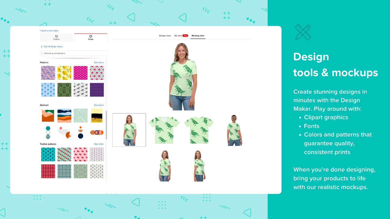 Printful’s online interface showing a designer uploading a custom design (green dinosaur) onto a plain t-shirt.