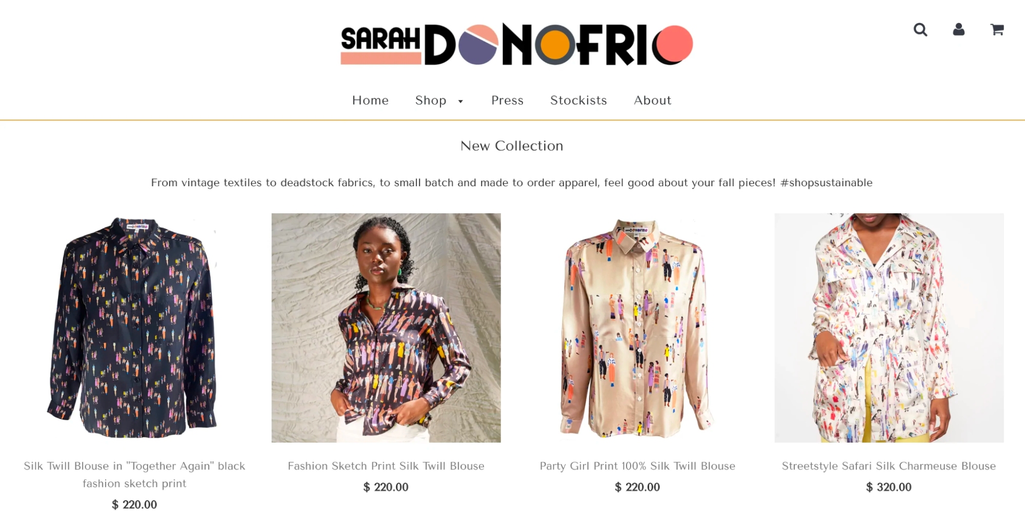 Category page on Sarah Donofrio’s website showcasing its new collection of t-shirts.