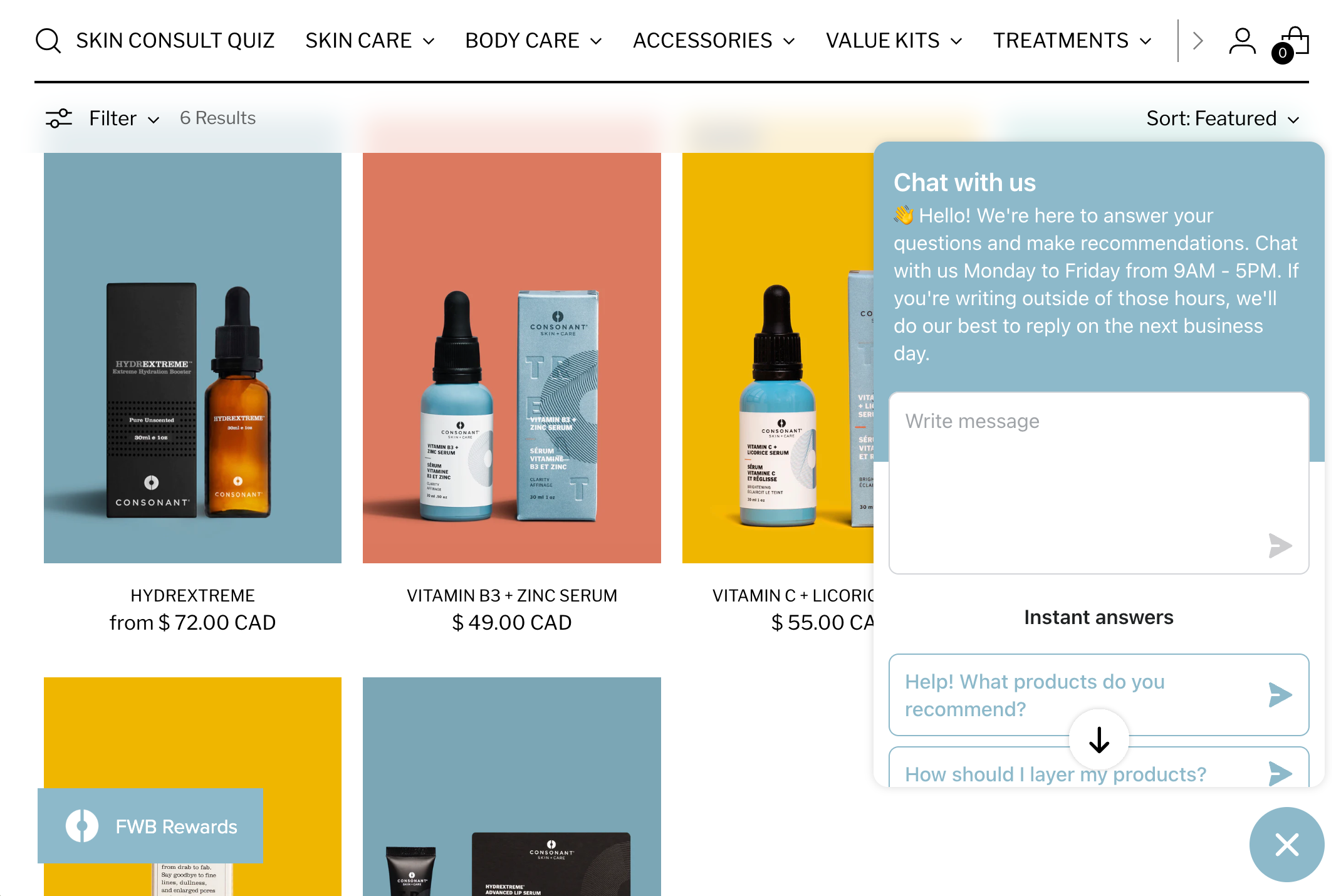 Ecommerce live chat feature on collection page on Consonant webiste