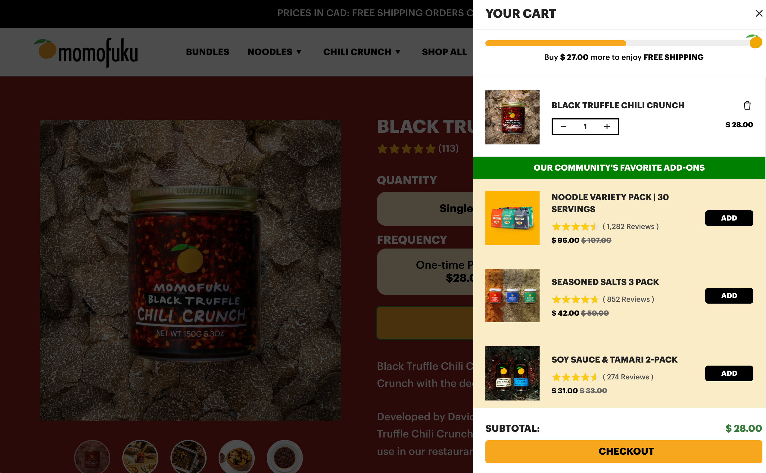 Ecommerce shopping cart page for Momofuku