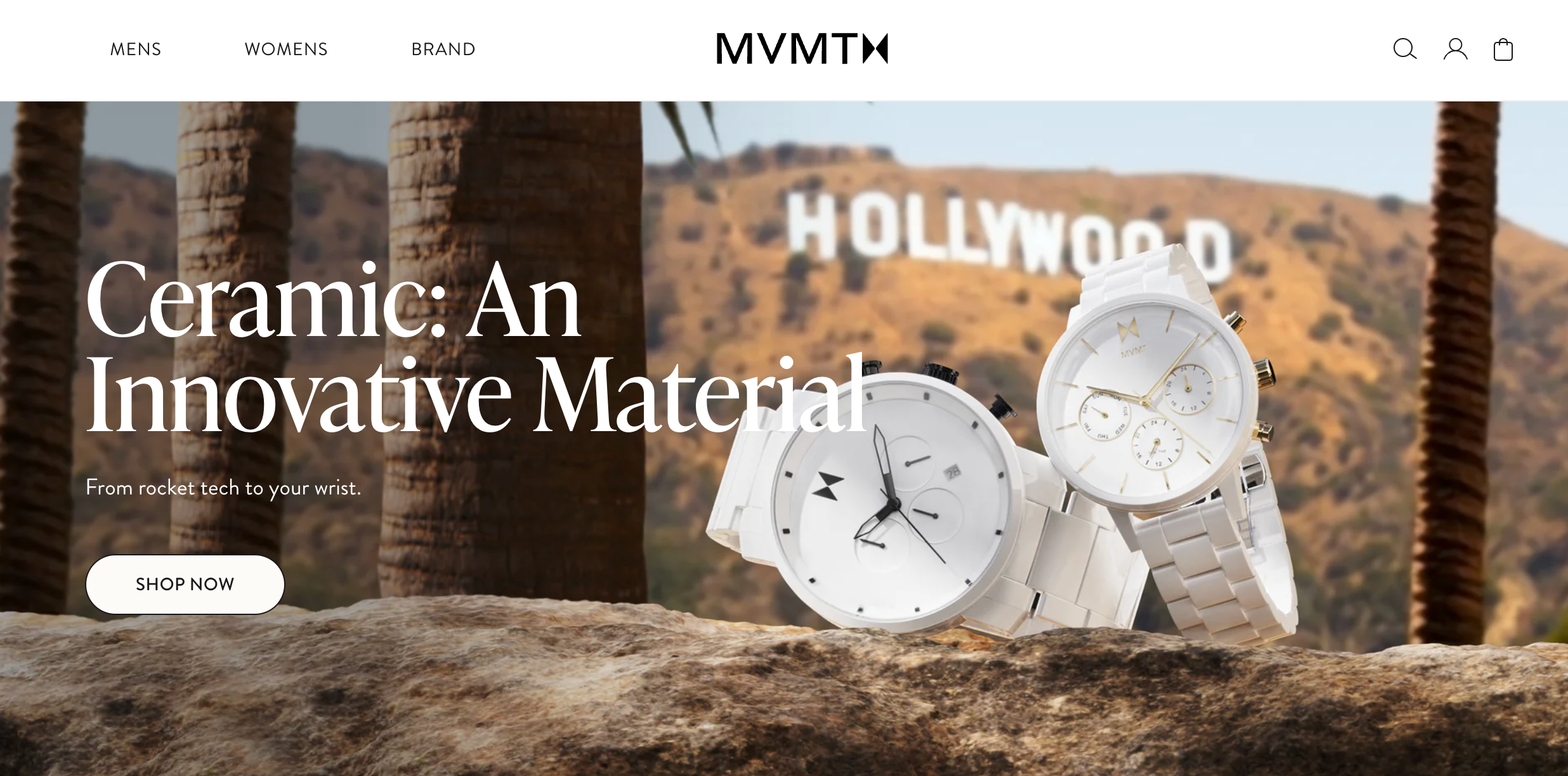 MVMT页面显示两款白色手表在好莱坞山标志背景前
