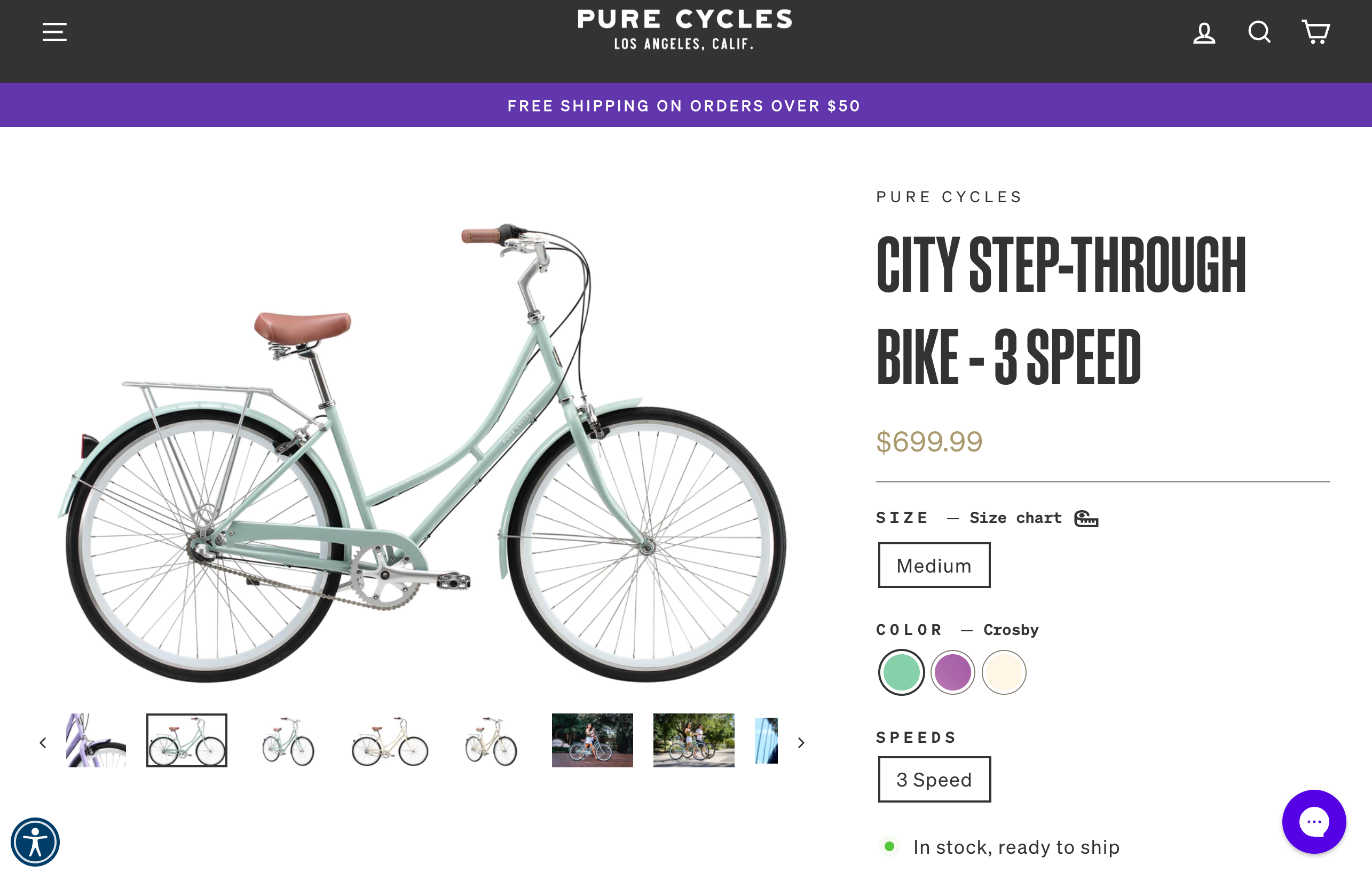 Pure Cycles 页面显示一辆浅绿色自行车