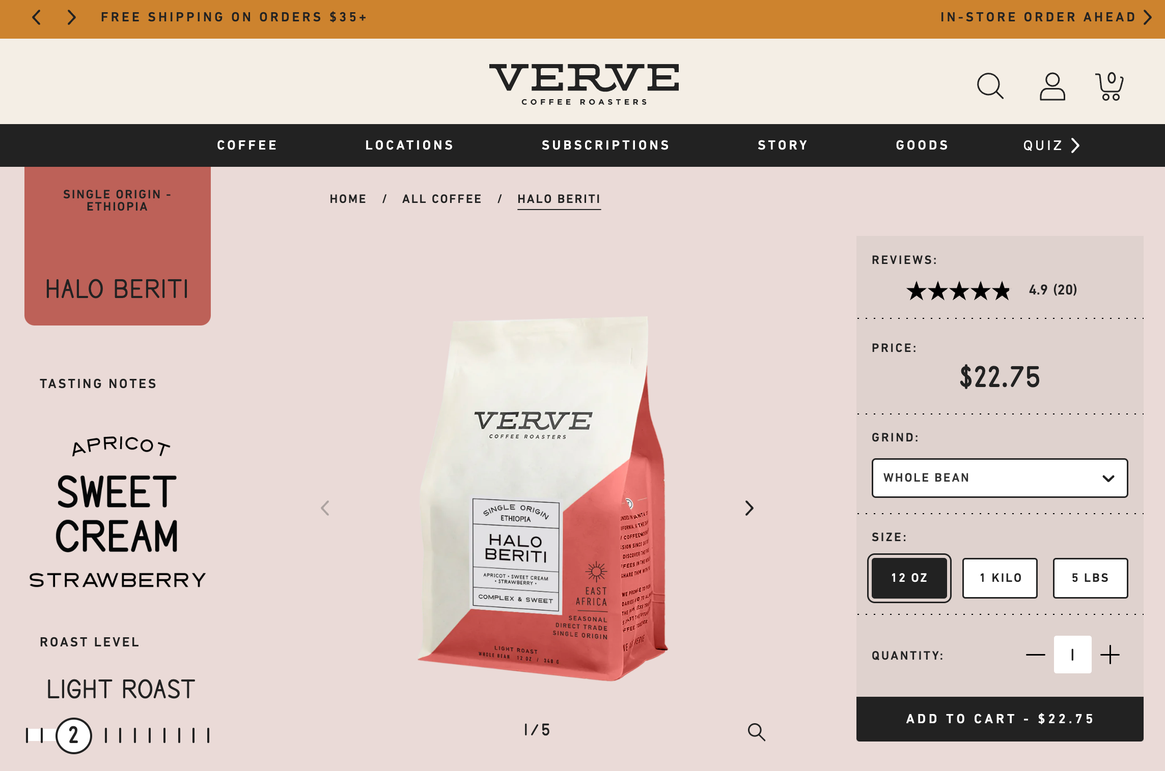 Capture d'écran de la page produit sur le site e-commerce de Verve