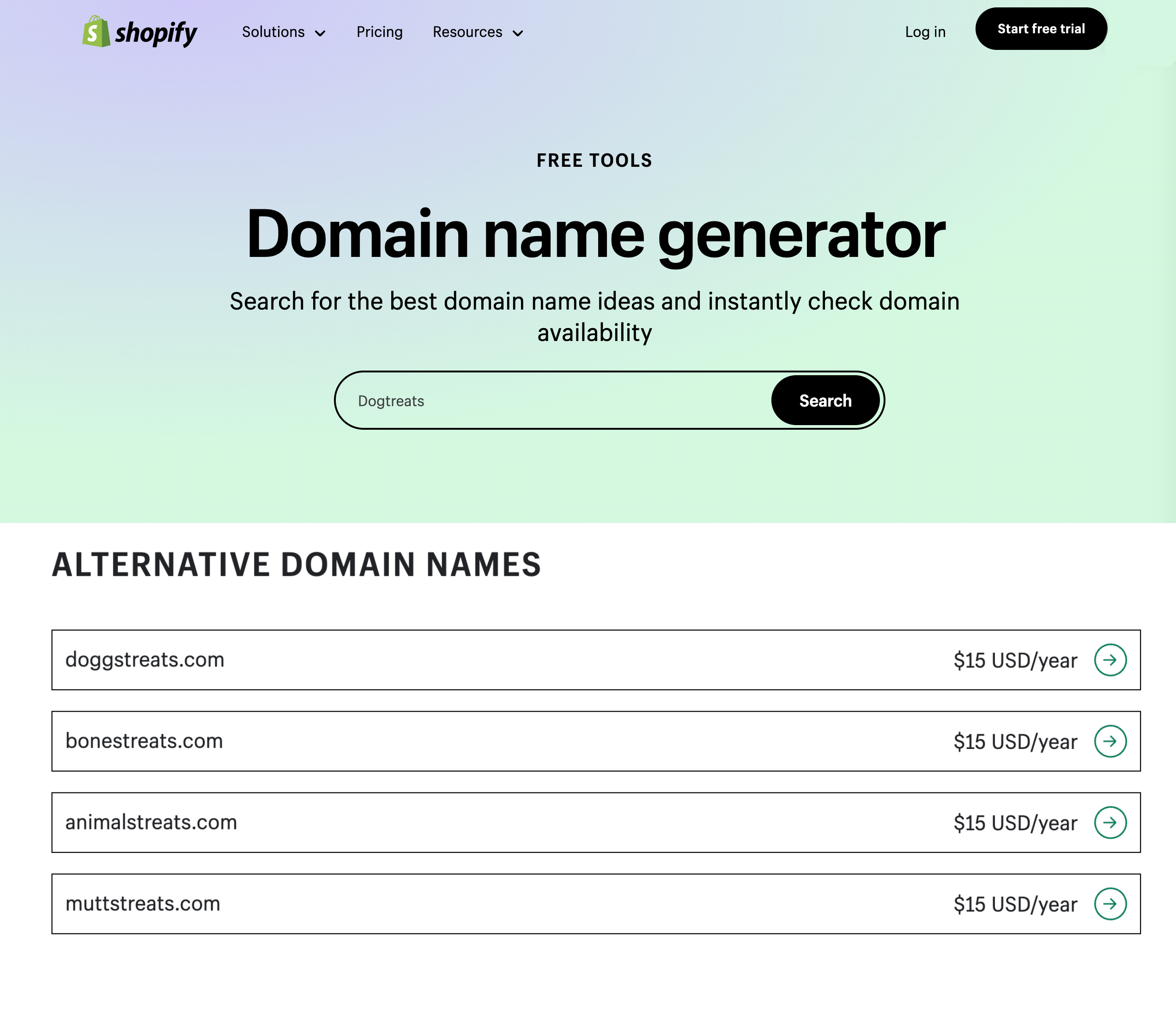 Screen grab of Shopify's domain name generator