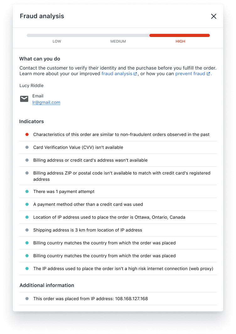 Screenshot of Shopify's fraud analysis tool for ecommerce fraud prevention