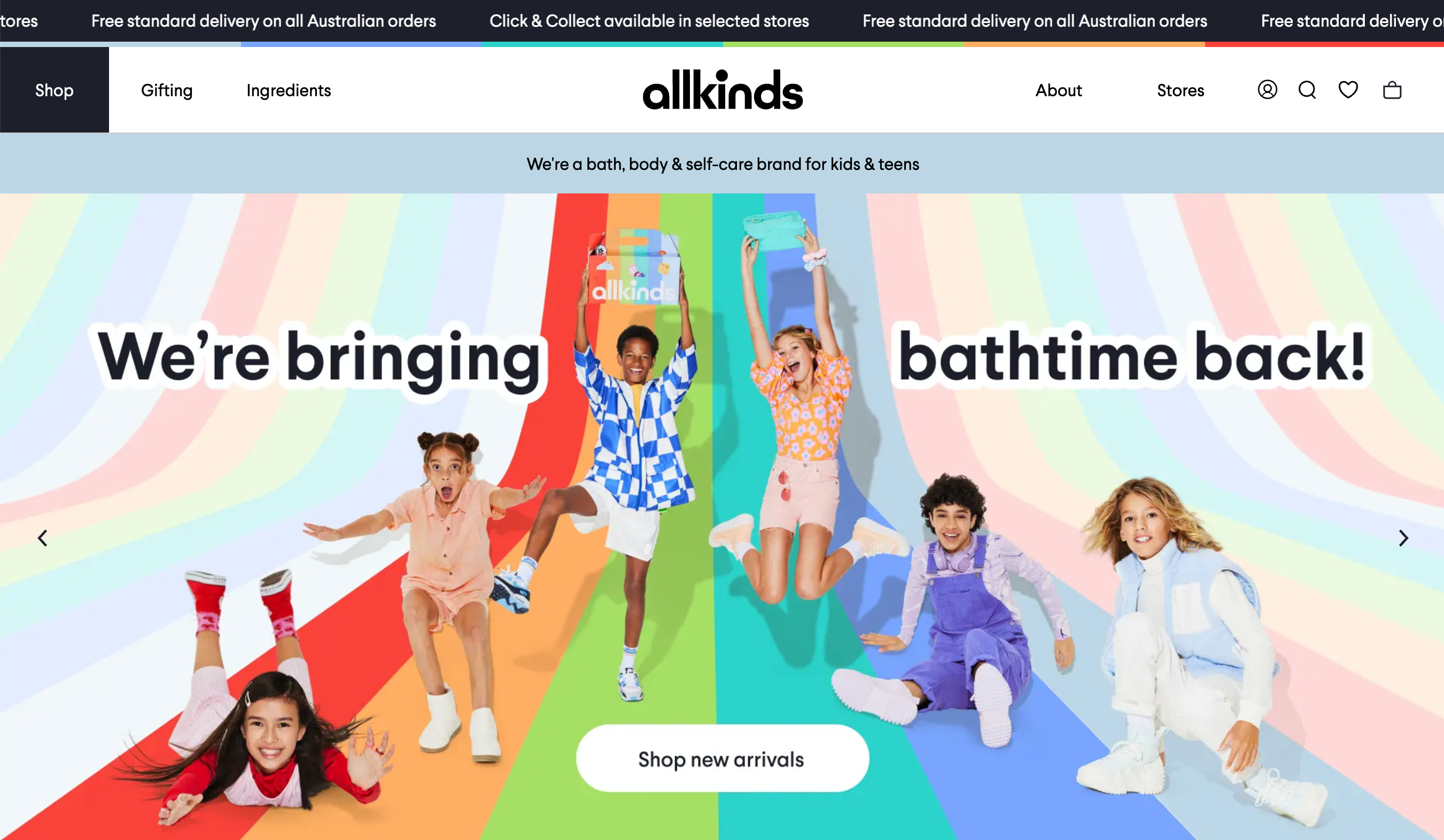 Ecommerce homepage for online brand Allkinds
