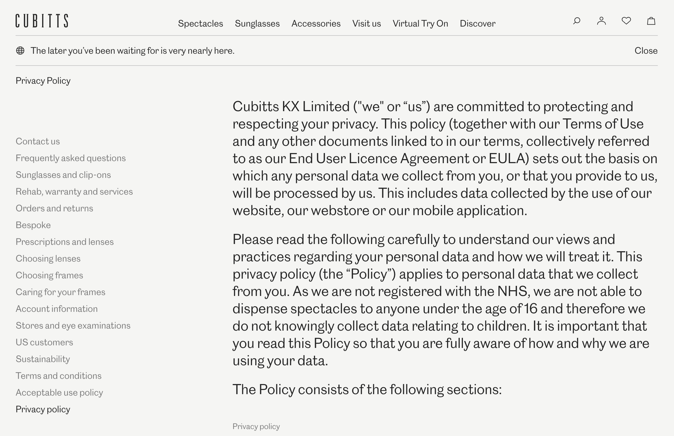 Ecommerce privacy policy page for online business Cubitts