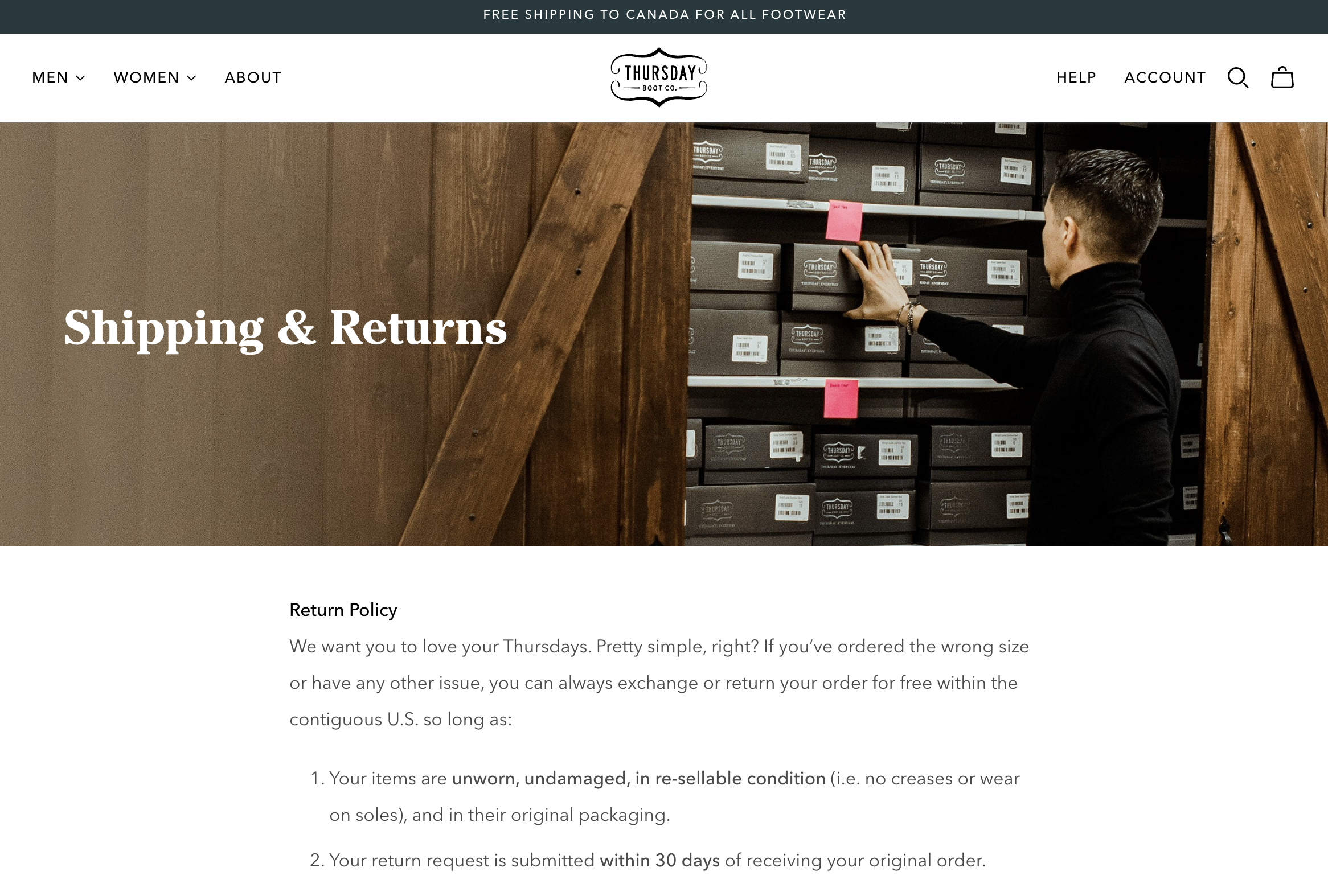Ecommerce shipping policy page for online business Thursday Boot Co.