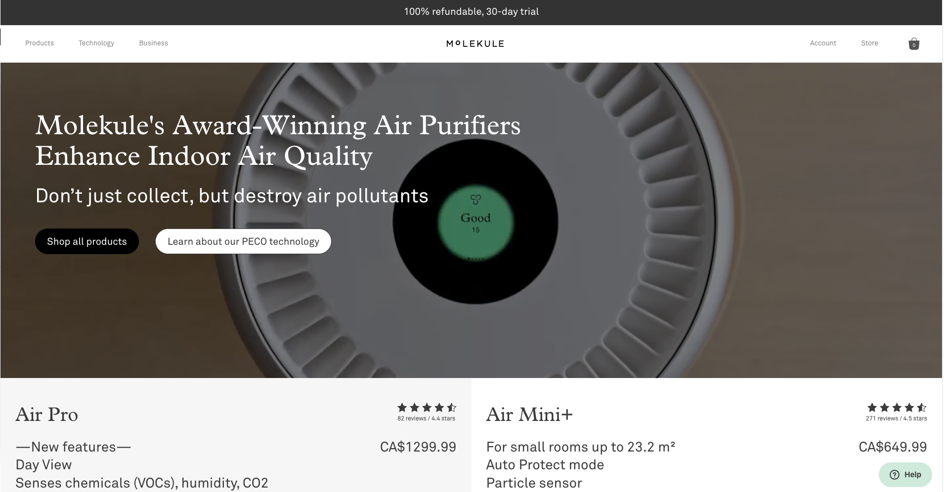 Molekule’s homepage which shows their hero copy (award-winning air purifiers), 4-5+ star ratings for two of their products, communicating a lot in a little time