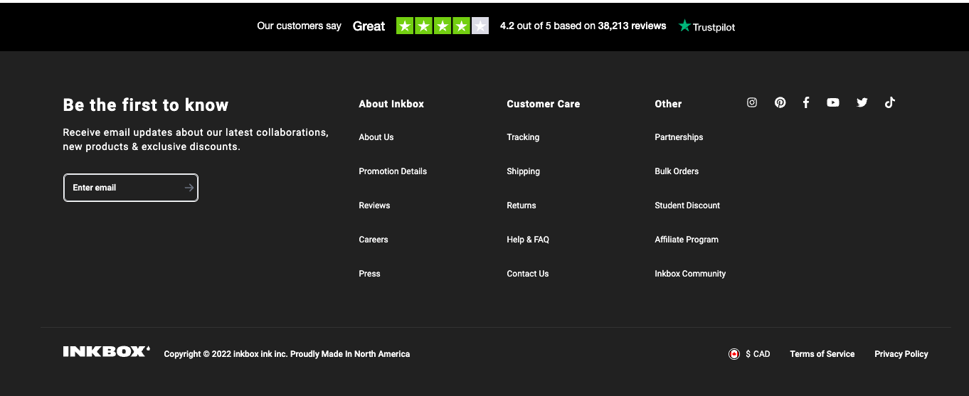 A screenshot of Inkbox’s footer section showing the non-essential links and pages that users expect to see at the bottom of an ecommerce website