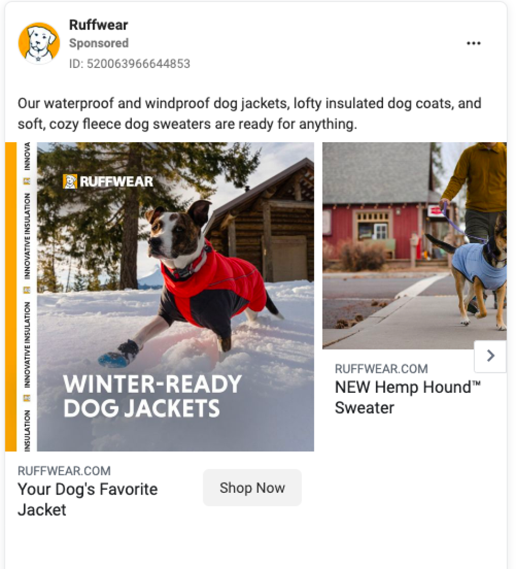 A screenshot of Ruffwear’s Facebook ad for winter-ready dog jackets, which directs to its dog jackets collection page