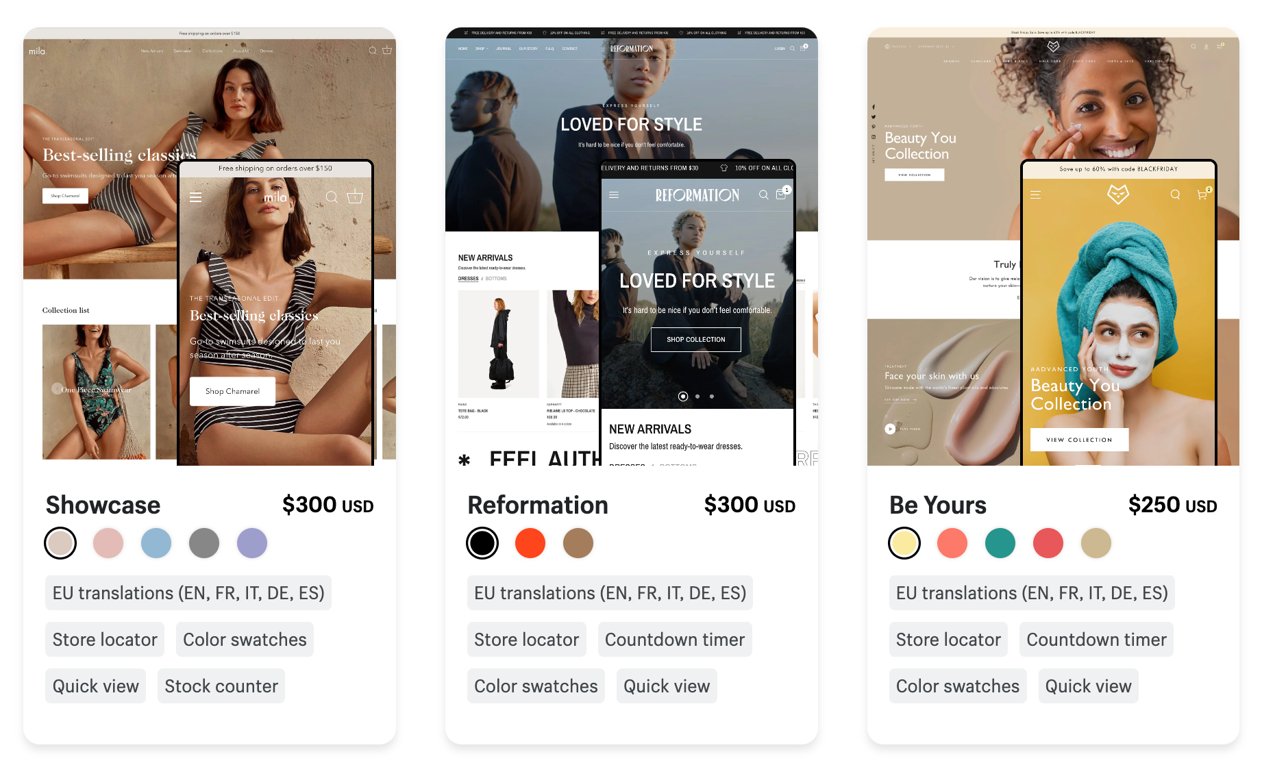 some Shopify themes, displaying the desktop and mobile ecommerce ux for each responsive theme