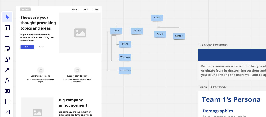 A screenshot of a Miro workspace where you can freely write and arrange your copy and pull in templates for web page design and plan your site architecture