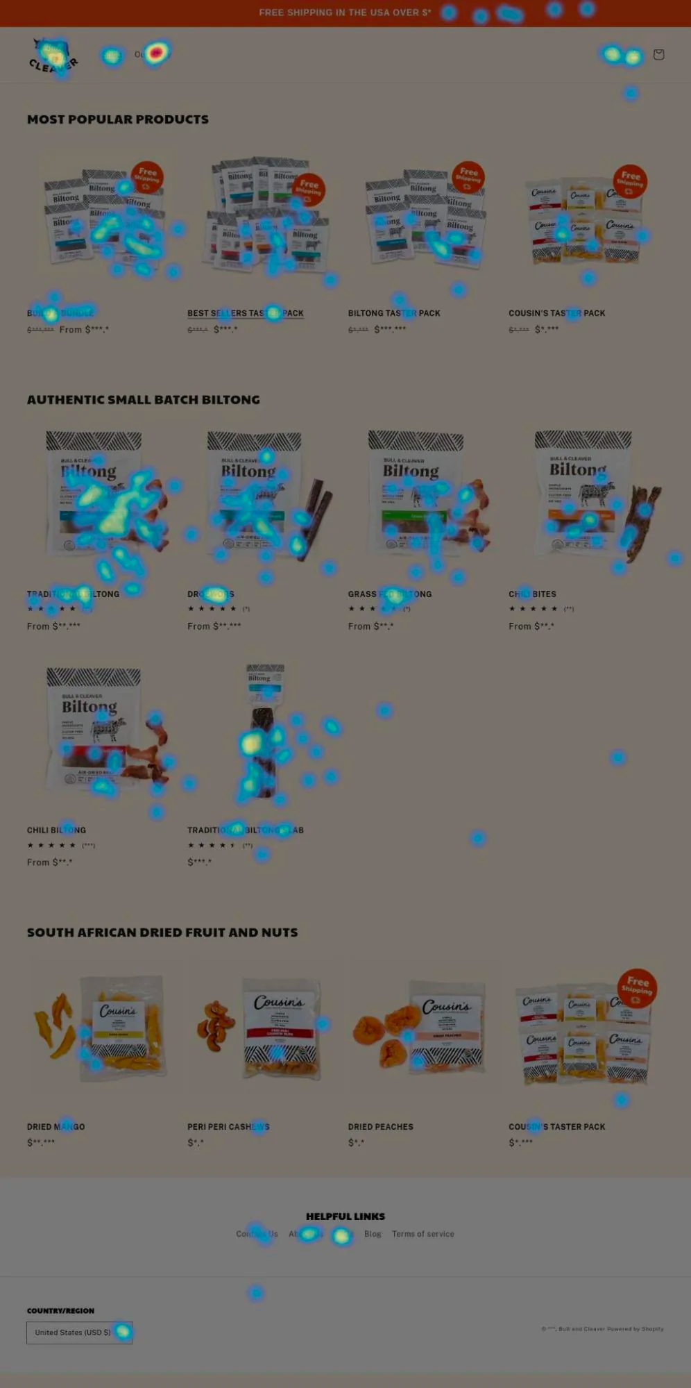 An screenshot of the heatmap for Bull and Cleaver’s website showing where users are clicking and scrolling.