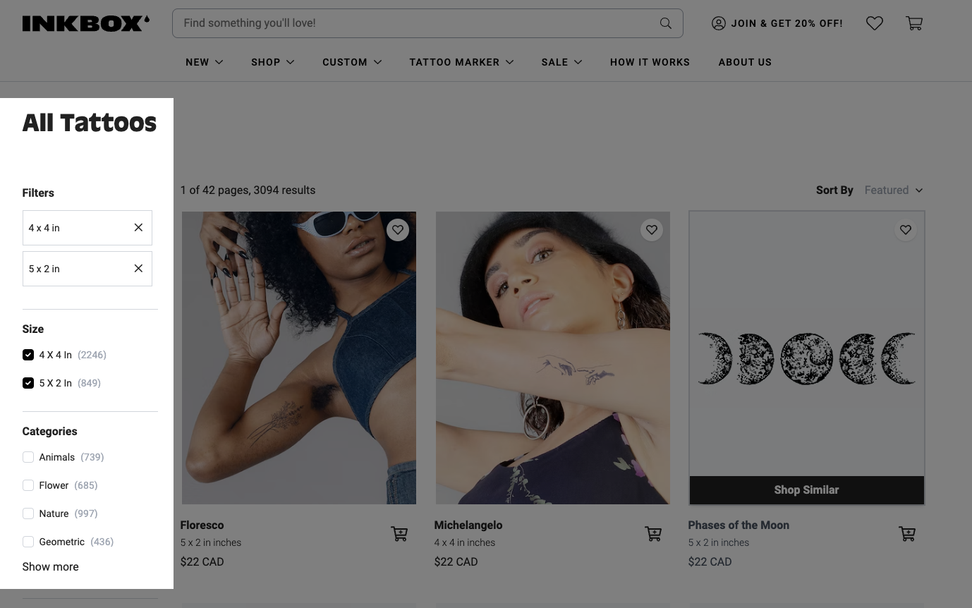 A screenshot of Inkbox’s collections page showing the filters you can add to enhance the ecommerce ux.