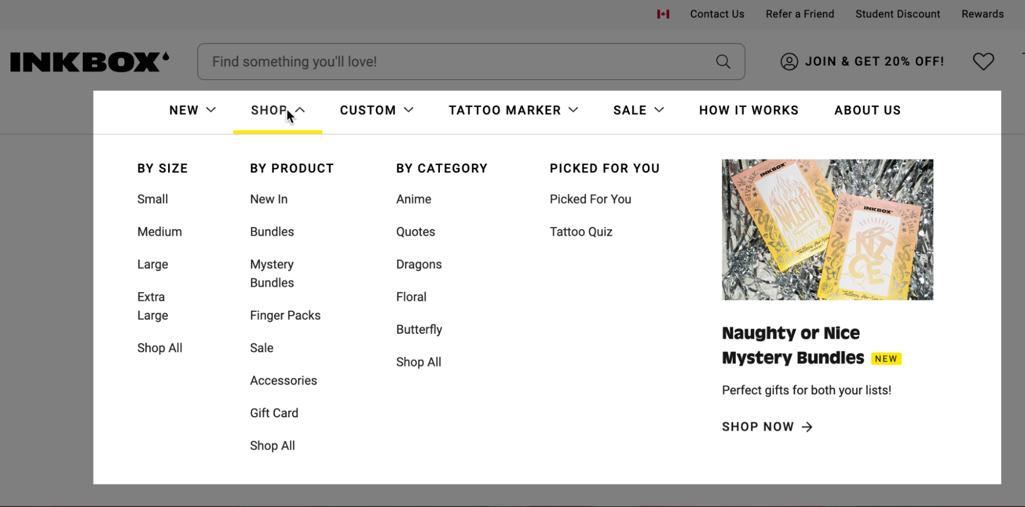 A screenshot of Inkbox’s menu expanded to show the categories (by size, product, category, picked for you) and subcategories under each one.