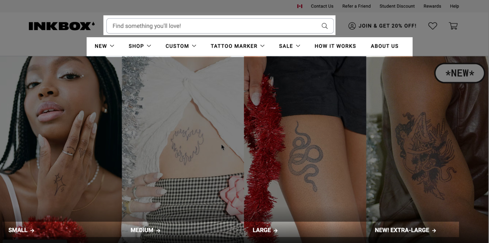 Inkbox’s website highlighting the sticky search bar, menu navigation, and collections section, all above the fold.