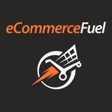 The logo for the eCommerce Fuel podcast. Dark brown background with orange and white text and an illustration of a shopping cart that looks like a rocket. 