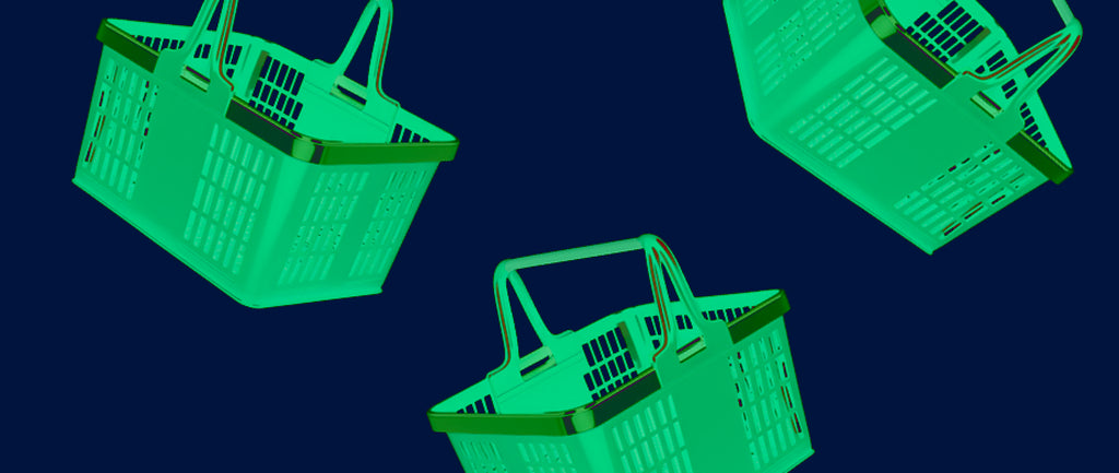 Graphic of gren shopping baskets floating on a dark blue background