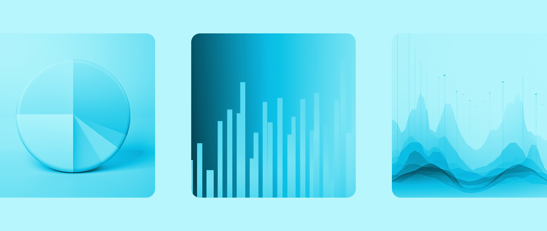 A blue pie chart, bar graph and a line graph on a light blue background.