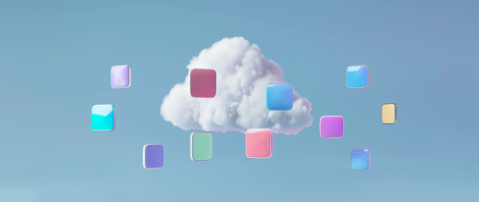A cloud with multicolored squares floating around it on a blue background.