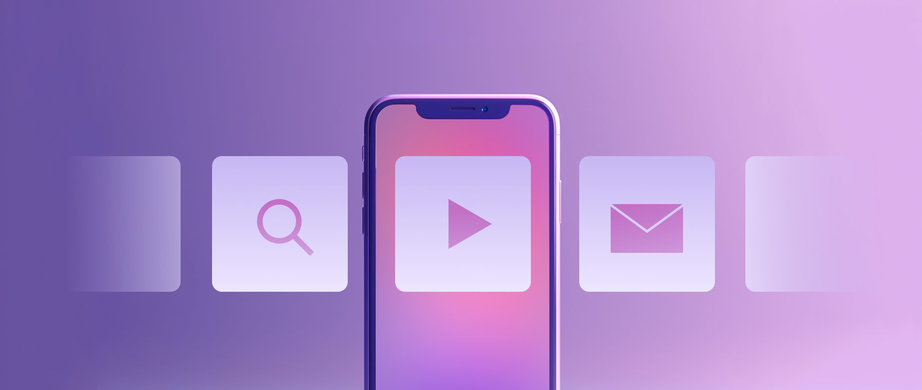 A phone with selecting icons for search, video, and email on a purple background.