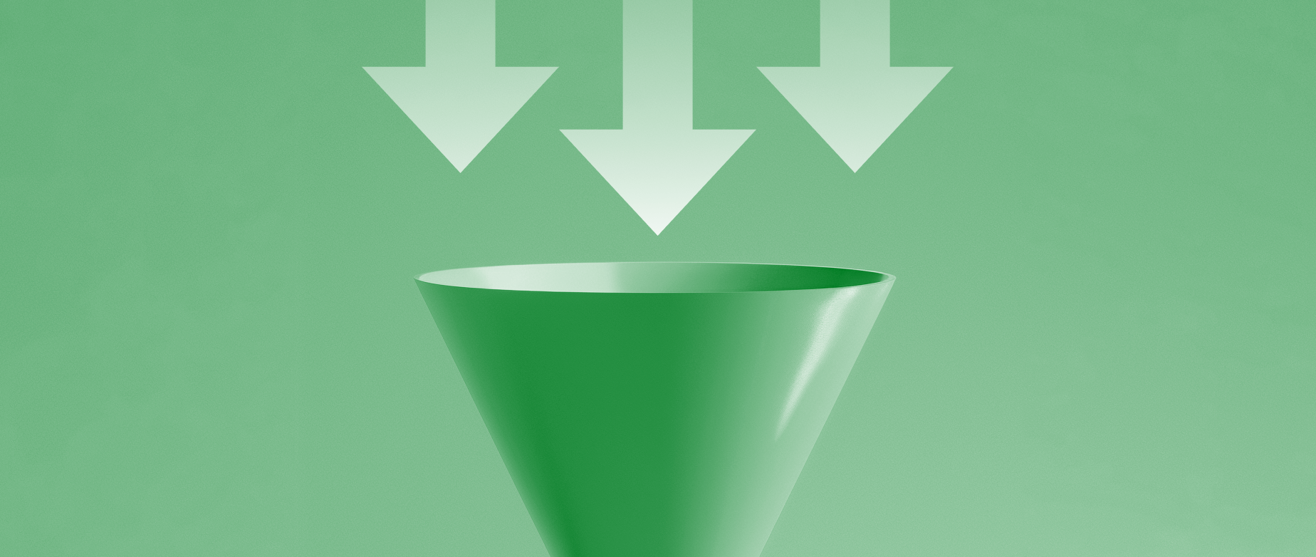 A green funnel with three arrows pointing down above it on a green background.