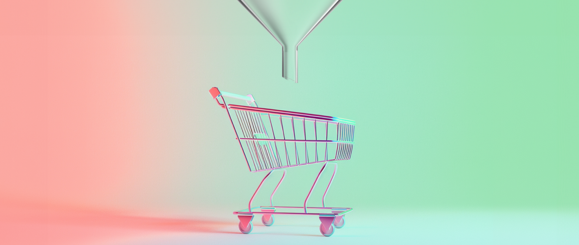 A shopping cart on a half red half green background.