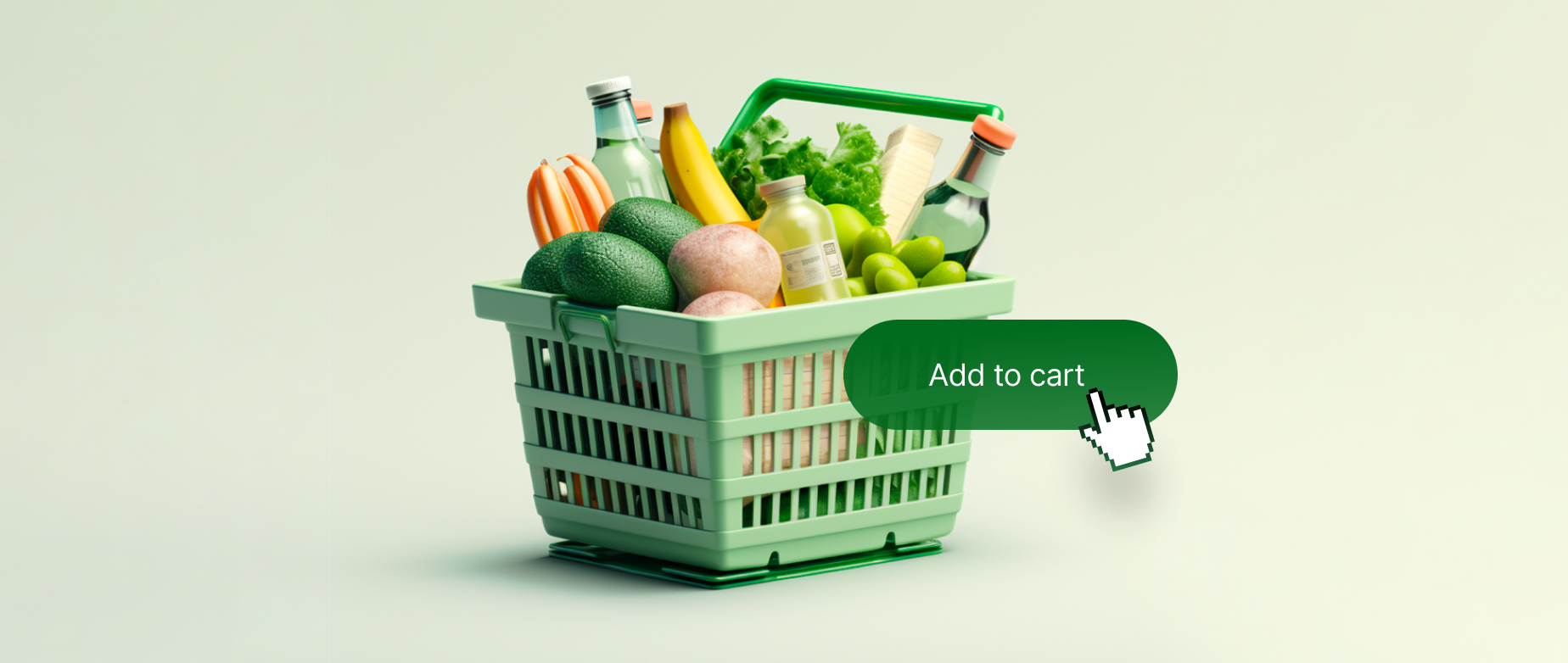 A green grocery basket full of produce with an "add to cart" button selected by a cursor.