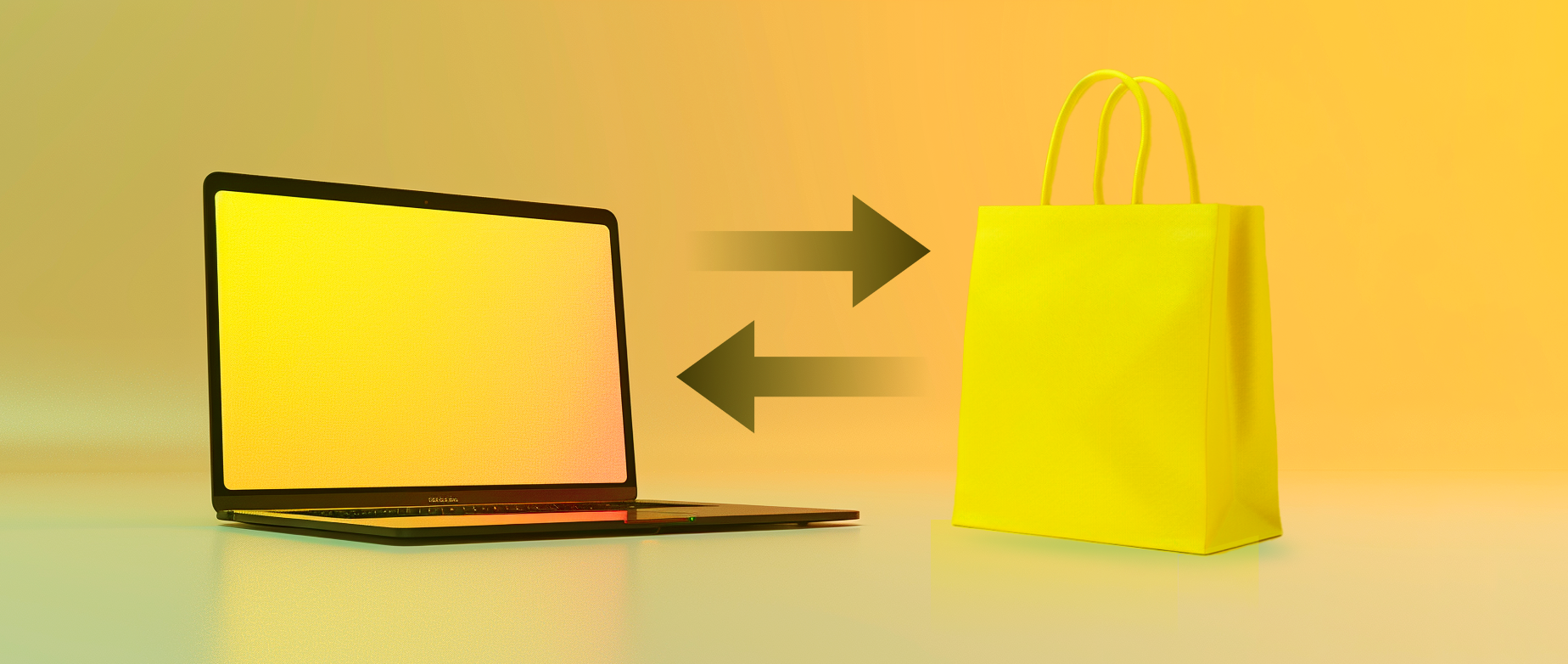 Open laptop next to a shopping bag with interchangeable arrows pointing at each on a yellow background: ecommerce integration
