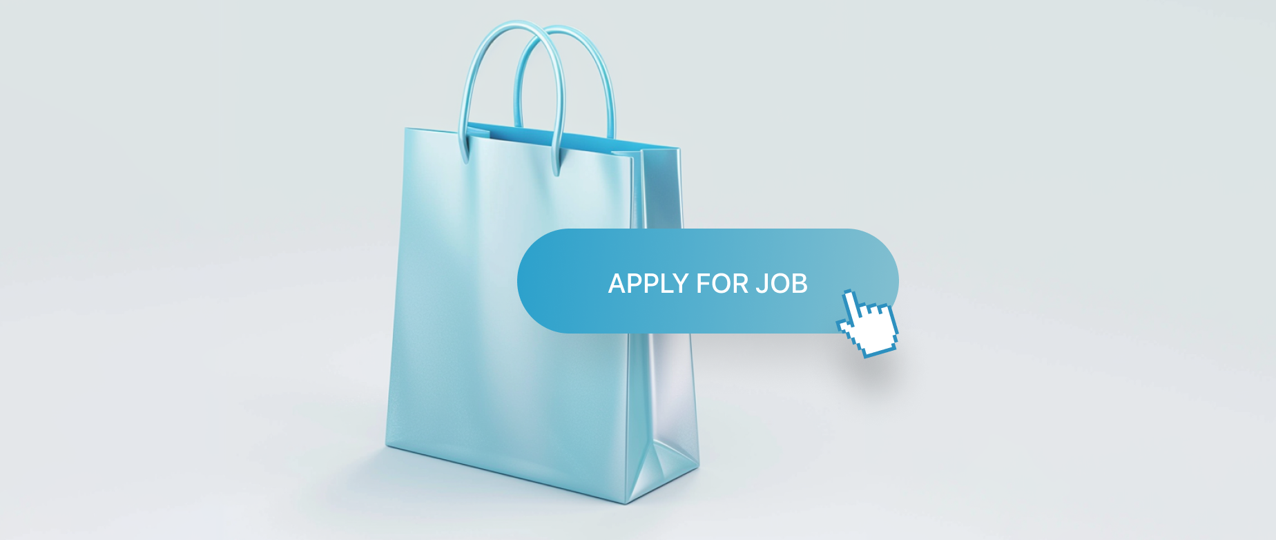 A blue shopping bag with a cursor selecting a button to APPLY FOR JOB