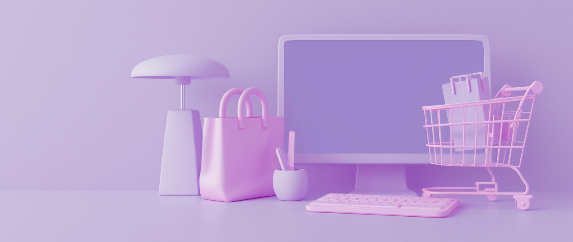 A light purple desk display with a lamp, computer, purse and shopping cart.