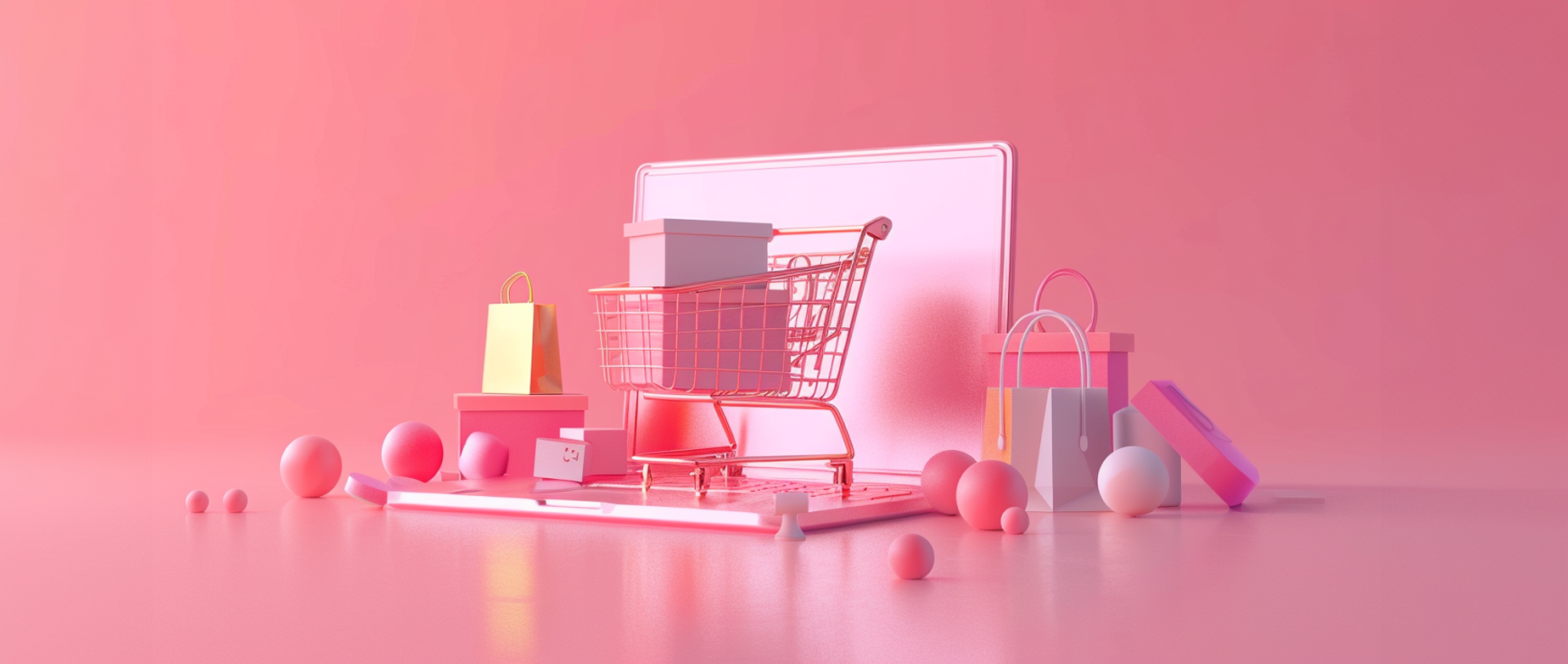 A red background with an open laptop covered in a shopping cart, spheres, boxes, and bags.