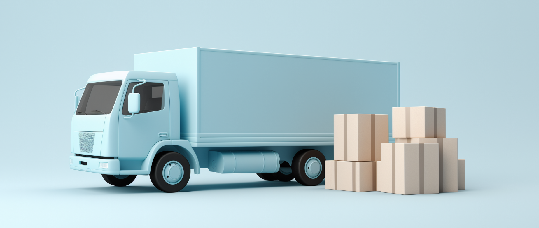 A blue truck next to a stack of carboard boxes on a light blue background.