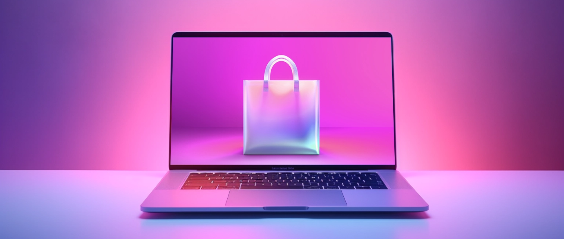 An illustration of a laptop displaying a shopping bag, representing the concept of an ecommerce platform.