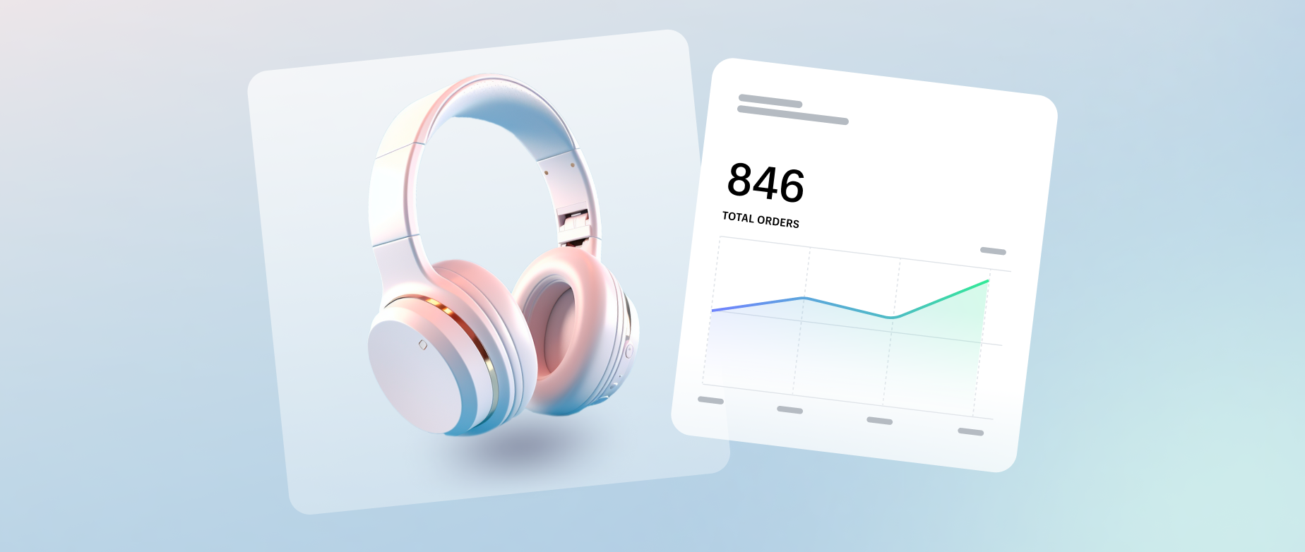 Headphones next to an icon of a graph tracking 846 total orders.