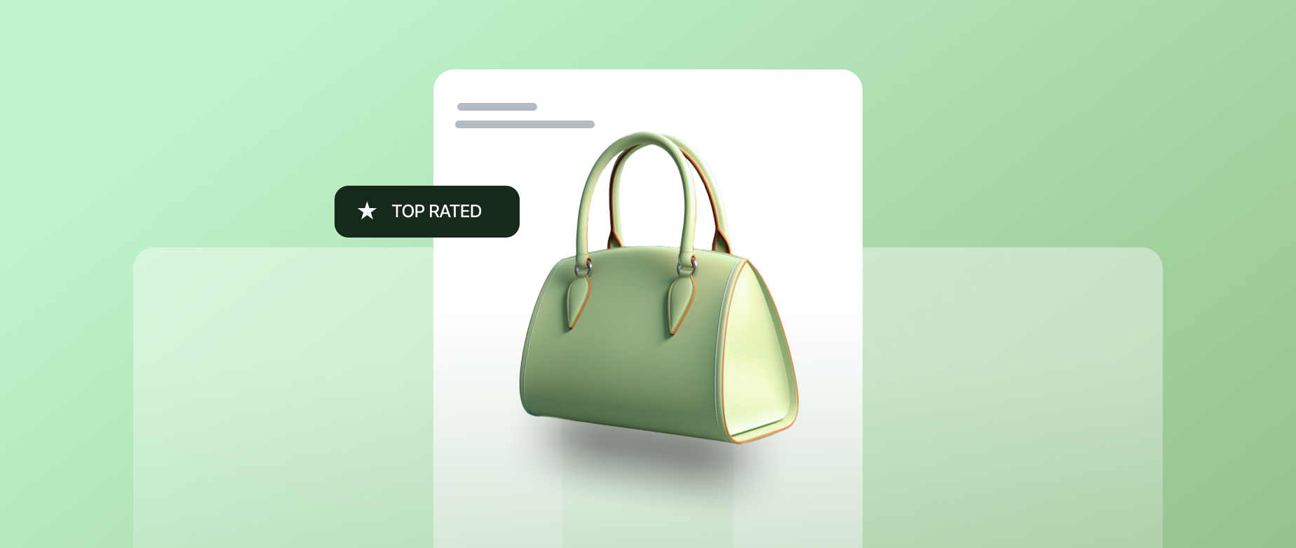 A green purse with a top rated product recommendation tag on a light green background.