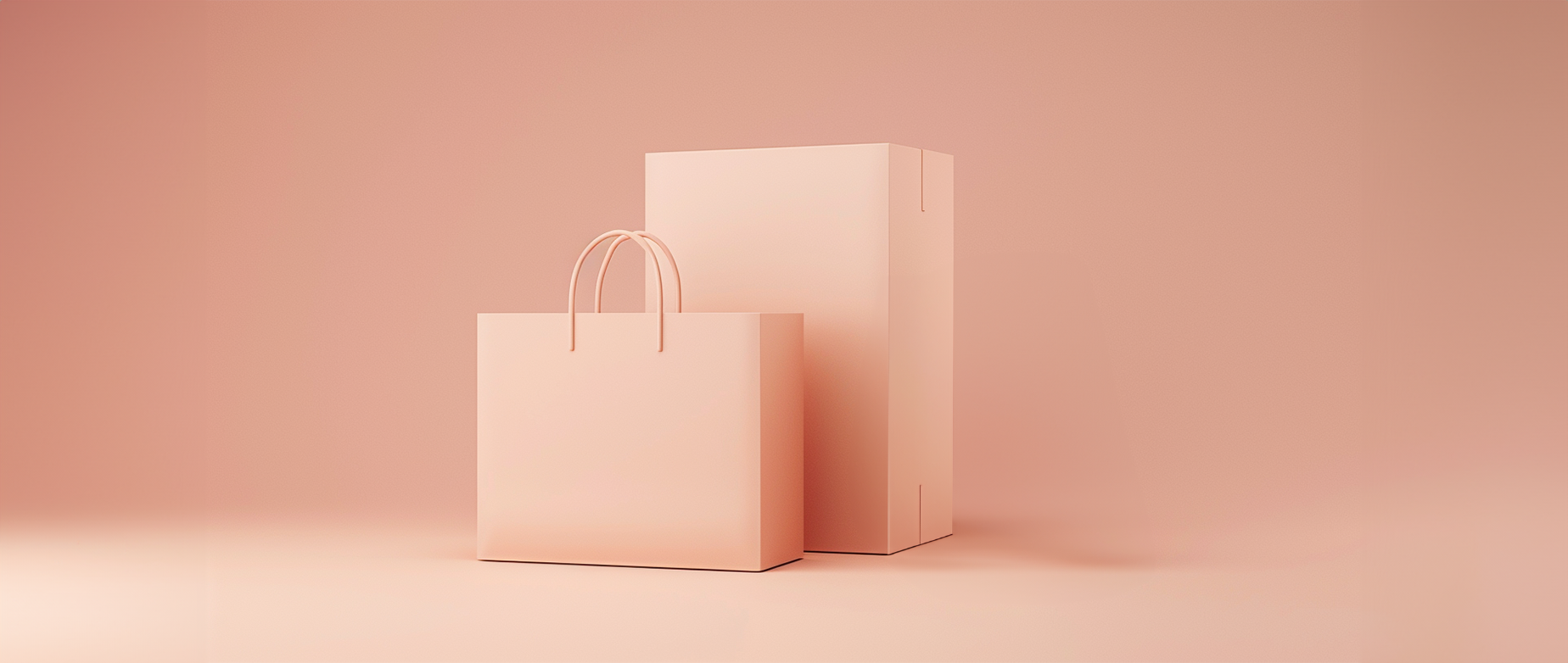 A shopping bag next to a box on a peach colored background.