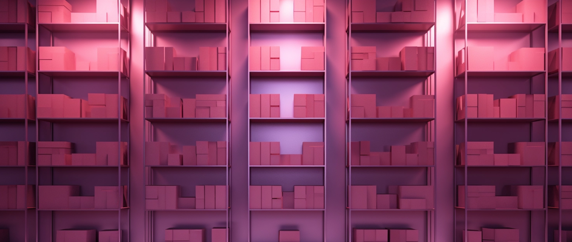 An ecommerce warehouse with shelves and boxes illuminated by a pink light: ecommerce warehousing