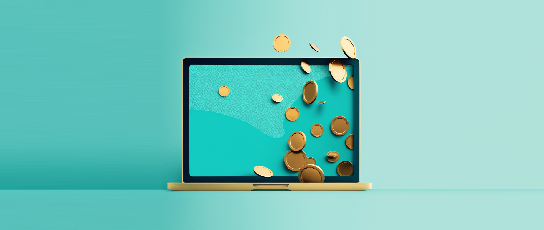 ecommerce website cost: AI-generated laptop silhouette with gold coins falling through it