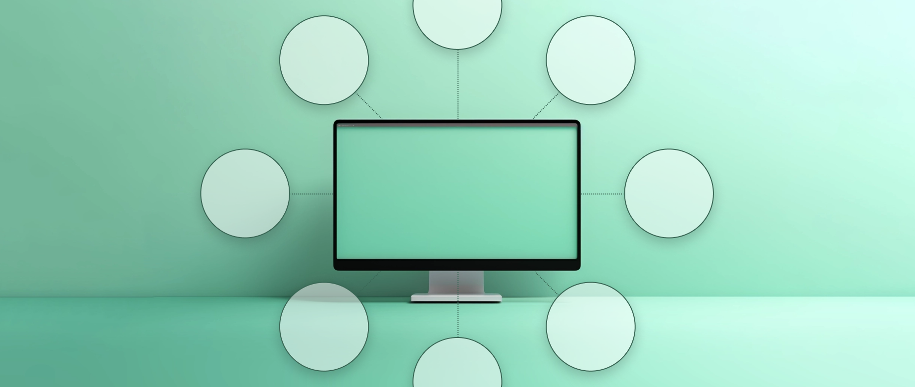 A computer with eight circles around in connected by lines on a mint green background.