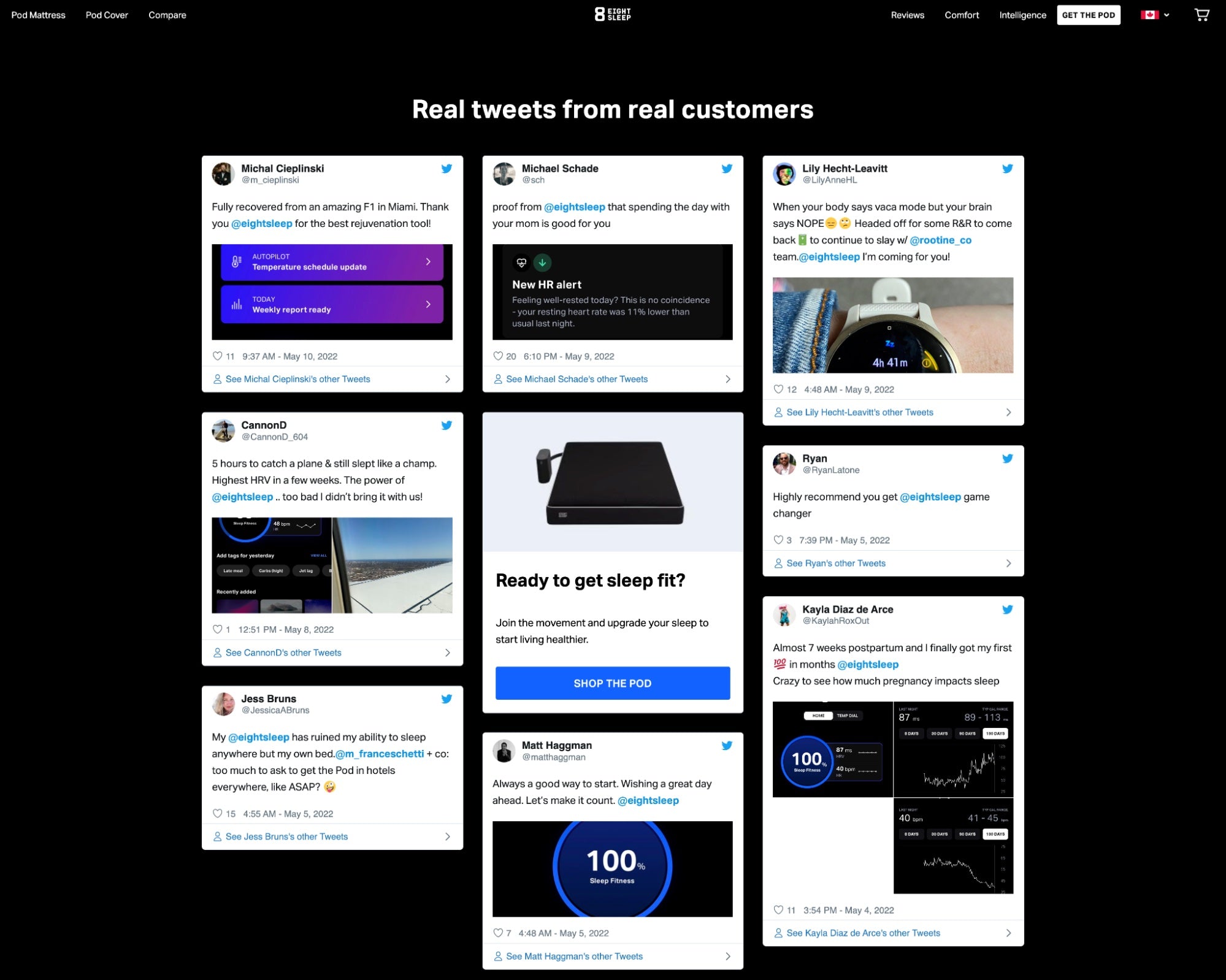 A screenshot from the Eight Sleep website with tweets that mention the brand’s products favourably.