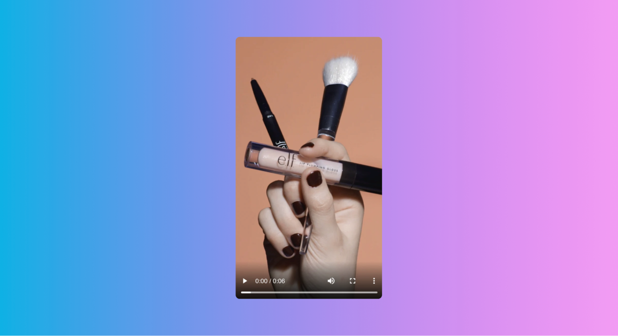 A Snapchat video from e.l.f. Cosmetics shows a model holding three makeup items against a pale pink background.