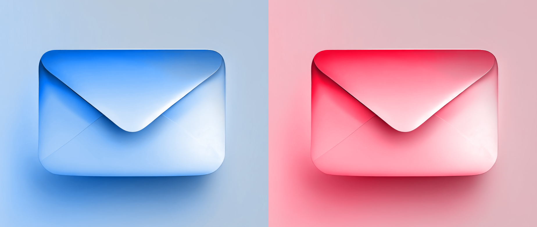A blue envelope on a blue background next to a red envelope on a red background.