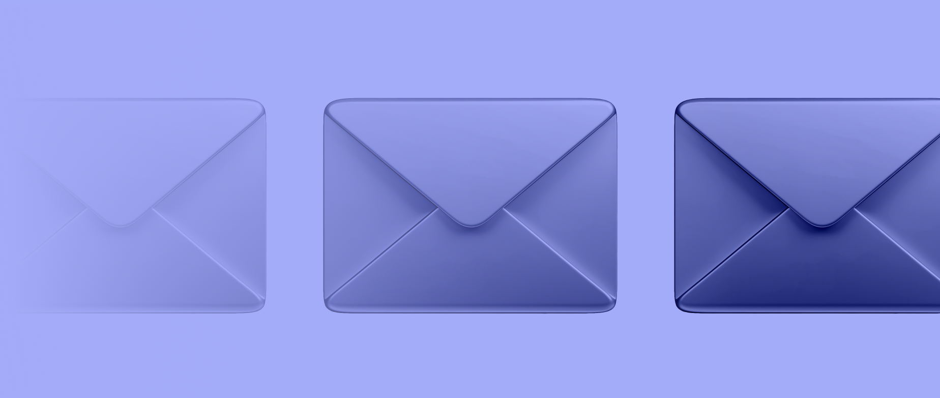 Three envelopes next to each other becoming less transparent from left to right on a purple background.